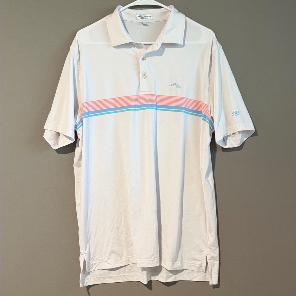Peter Millar White Polo with Pink and Blue Stripes Golf Shirt Large